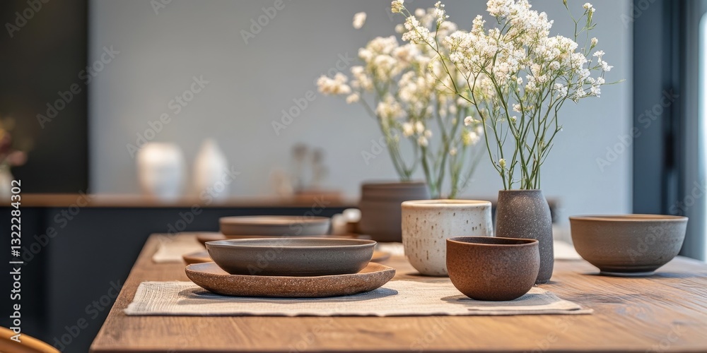 Fototapeta premium Beautifully arranged tableware with flowers on a wooden dining table