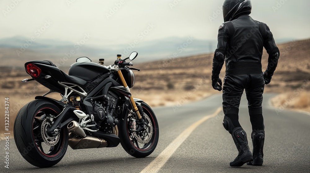 Fototapeta premium A lone biker, shrouded in black leather and helmet, strides towards his sleek, black motorcycle parked on an empty asphalt road, his back to the camera, exuding a sense of freedom and adventure.
