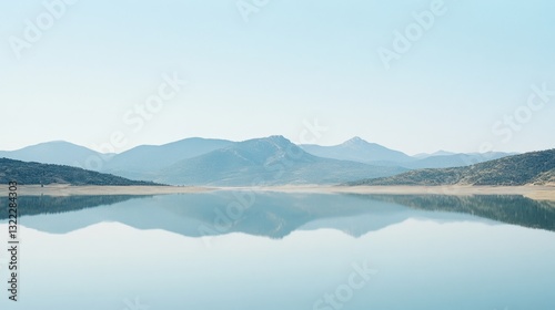 A tranquil lake mirrors the clear sky and distant mountains seamlessly, creating a dreamy, serene reflection of nature’s quiet beauty.