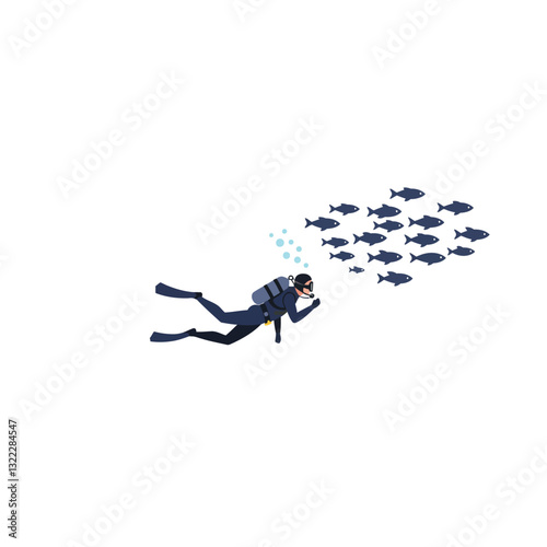Scuba diver exploring underwater world in flat vector art style with fish and bubbles