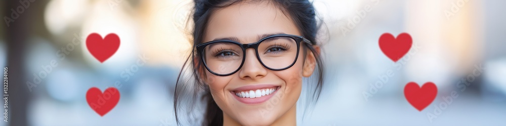 A woman wearing glasses and smiling with three hearts surrounding her. Concept of love and happiness A woman wearing glasses and smiling with three hearts surrounding her. Concept of love and happiness
