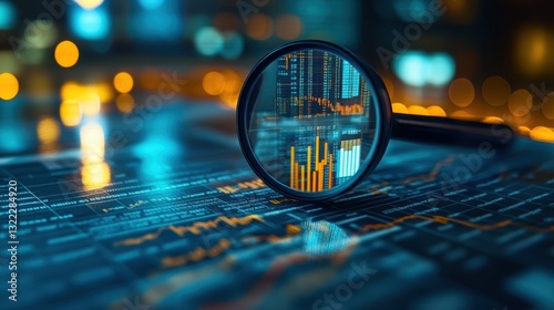 A detailed analysis of the bustling financial market unfolds under a watchful zoom lens. Data documents, meticulously arranged on the table, serve as the foundation for a comprehensive exploration of
