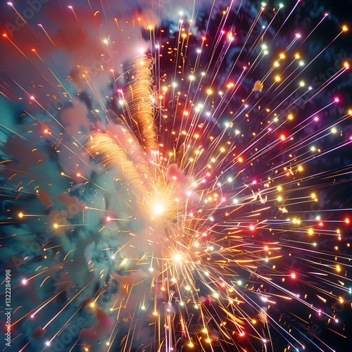 Colorful Fireworks Explosion in Night Sky: Vibrant Pyrotechnics Spectacle for Holiday Celebrations