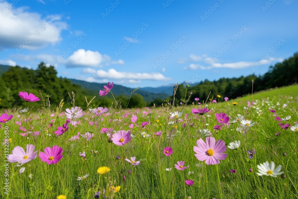 A field of flowers with a blue sky in the background. The flowers are pink and yellow