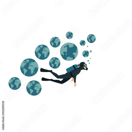Scuba diver exploring underwater worlds in minimalist flat vector art