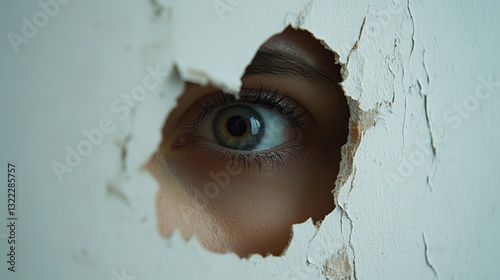 A curious human gaze, framed by a white wall, peered into a dark hole in the drywall, a hint of mystery and intrigue lingering in the air. photo
