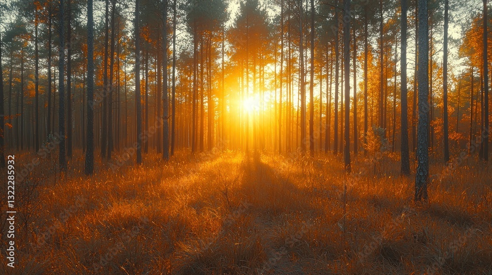 Fototapeta premium Golden Hour in the Pine Forest: A Sunset Spectacle