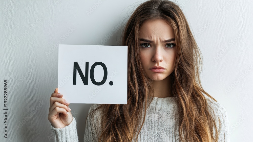 A woman stands defiantly against a pristine white backdrop, her hand firmly holding a white sign emblazoned with the single, resolute word A woman stands defiantly against a pristine white backdrop, her hand firmly holding a white sign emblazoned with the single, resolute word