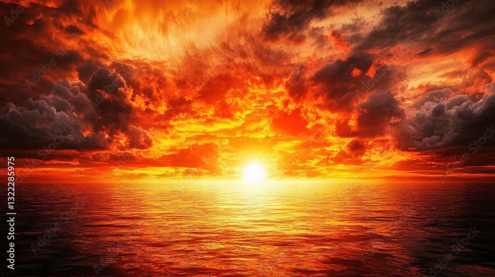 Obraz premium A stunning sunset unfolds across the horizon, with fiery orange and red hues illuminating the sky. The calm ocean mirrors the vibrant colors, creating a serene atmosphere