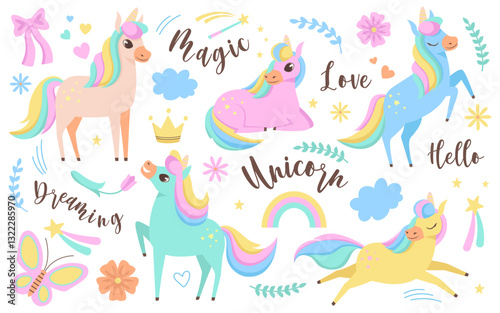 Pretty unicorns fantasy fairy tale characters colorful hand drawn set with cute rainbow decoration