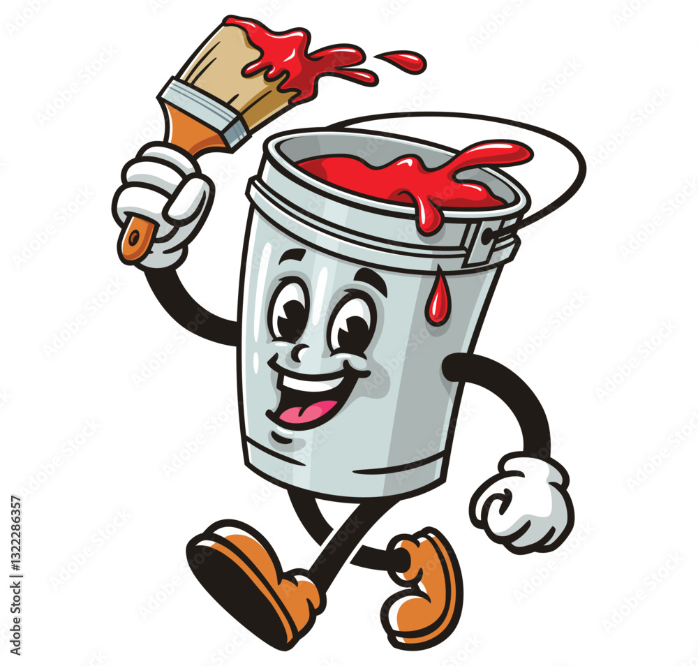 Obraz premium Cartoon mascot character Red paint bucket is walking