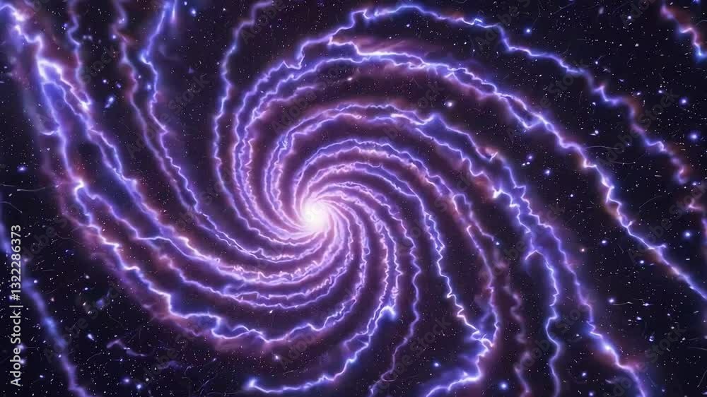 A mesmerizing view of a glowing purple galaxy spiral, surrounded by bright stars and electric energy patterns. Perfect for cosmic and space themes.