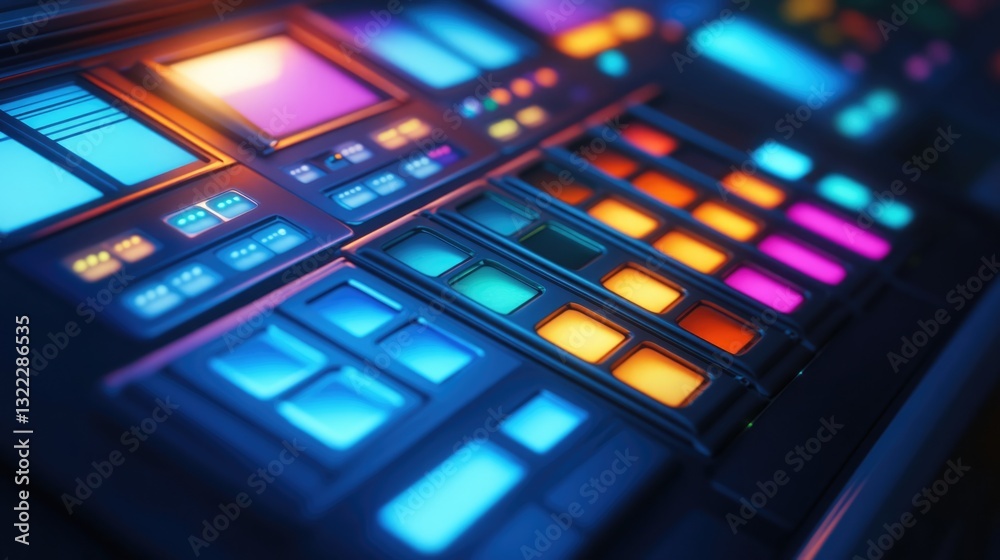 Abstract Futuristic Control Panel Interface with Glowing Buttons and Screens Abstract Futuristic Control Panel Interface with Glowing Buttons and Screens