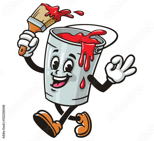 Cartoon mascot character Paint bucket is walking and hand posing okay