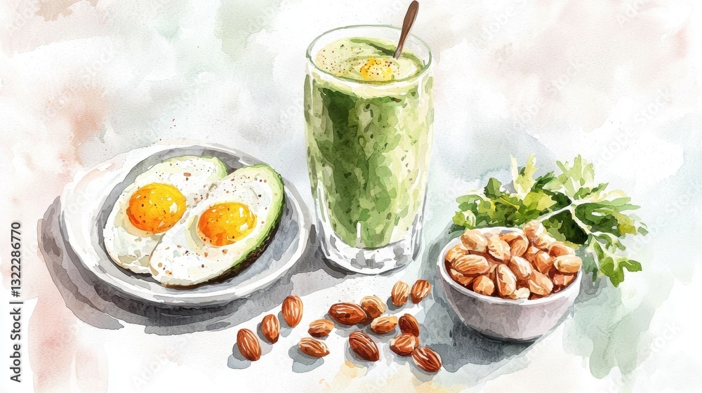 A tasty breakfast spread includes a refreshing green smoothie in a tall glass, alongside perfectly cooked eggs on a plate and a bowl of nuts. Fresh herbs add color A tasty breakfast spread includes a refreshing green smoothie in a tall glass, alongside perfectly cooked eggs on a plate and a bowl of nuts. Fresh herbs add color