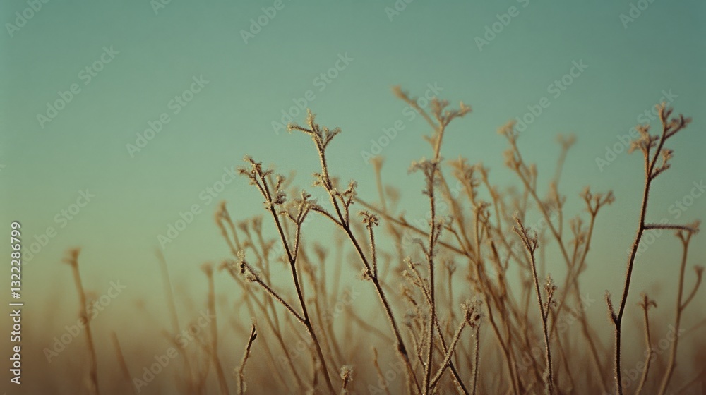 Obraz premium Frost-covered weeds in a muted landscape, emphasizing the stark beauty and tranquility of a crisp winter morning.