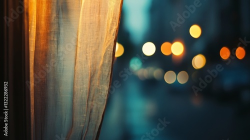 Soft curtains gently sway as warm interior light mixes with the soft bokeh of city lights, creating a cozy and inviting atmosphere.
