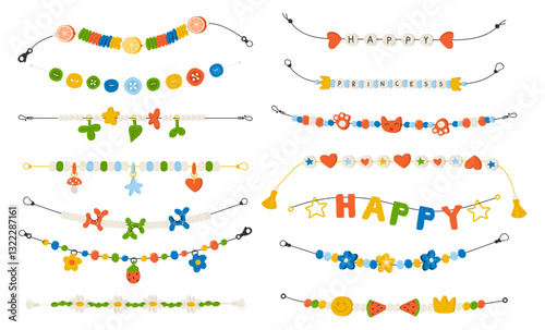 Cute creative beaded bracelets childish handmade jewellery, glamour craft bijouterie isolated set