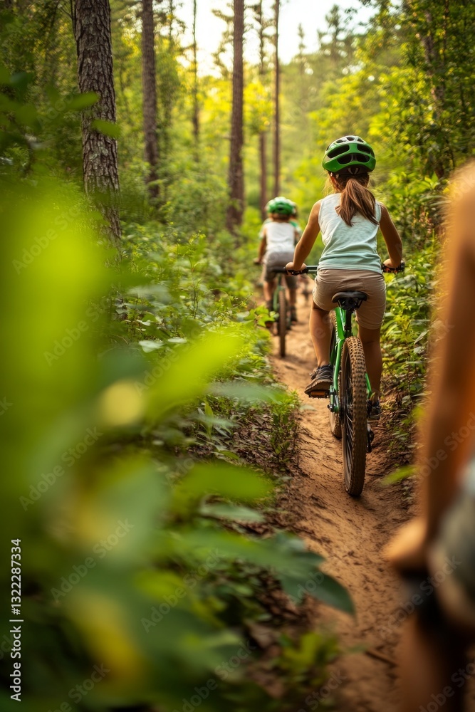 Obraz premium Kids biking on a trail in the woods. Sunny day, green forest, fun adventure!