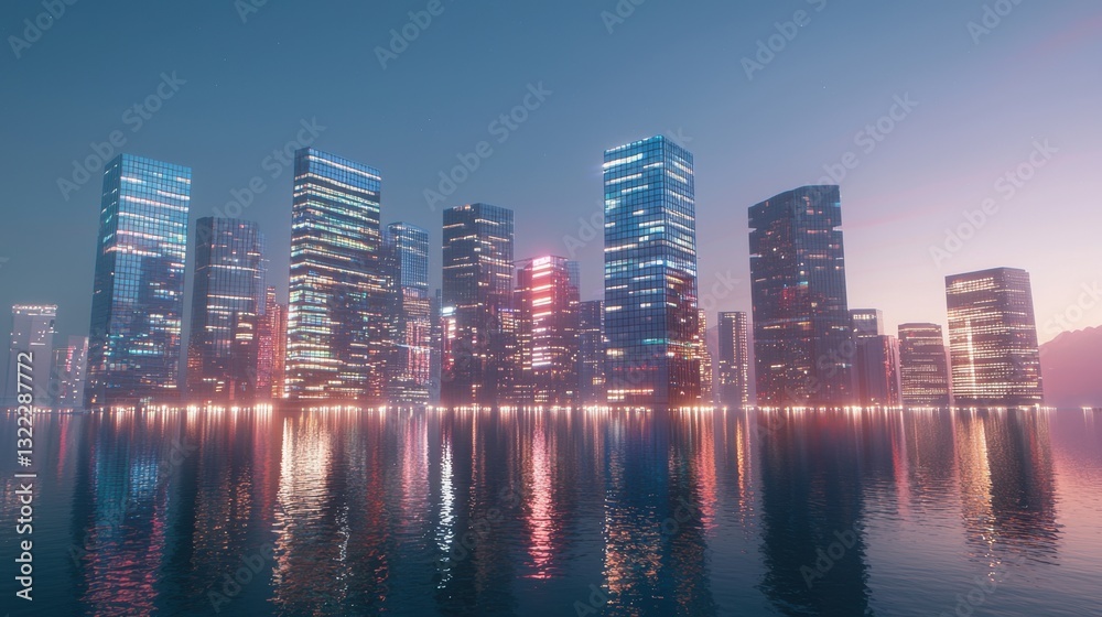 Obraz premium Tall skyscrapers dominate the cityscape, illuminated by colorful lights. The serene water below mirrors the buildings, creating a tranquil ambiance during dusk