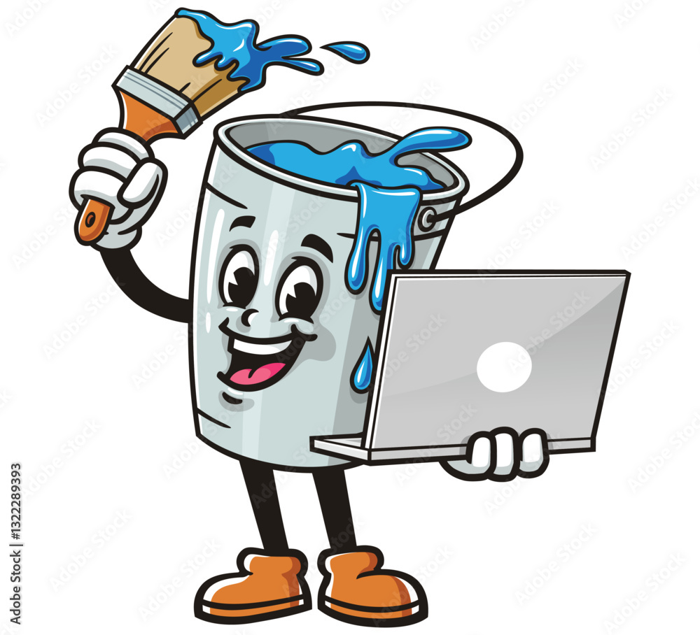Obraz premium Cartoon mascot character Paint bucket holding a laptop