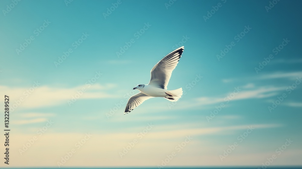 A seagull, wings spread wide, glides seamlessly through a pastel sky, embodying the essence of freedom. A seagull, wings spread wide, glides seamlessly through a pastel sky, embodying the essence of freedom.