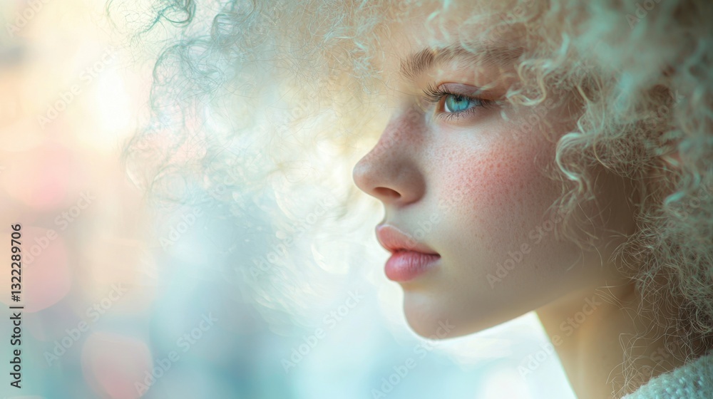Fototapeta premium A close-up of a young woman with voluminous curly hair gazing thoughtfully into the distance. The soft light enhances her glowing skin and striking blue eyes, creating a serene atmosphere
