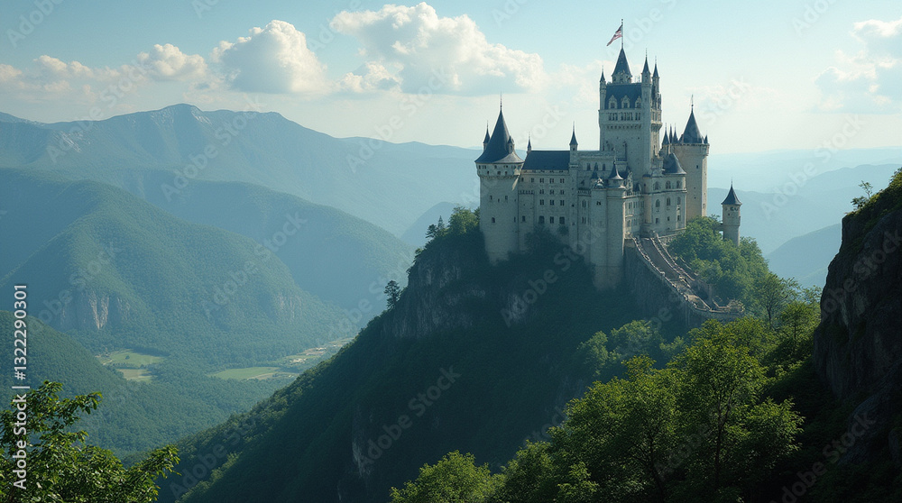 A breathtaking view of a grand castle perched atop a mountain, surrounded by lush greenery and rolling hills. A breathtaking view of a grand castle perched atop a mountain, surrounded by lush greenery and rolling hills.