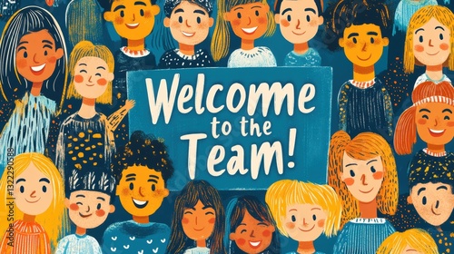 A vibrant, illustrated welcome banner, featuring smiling faces holding the words, 