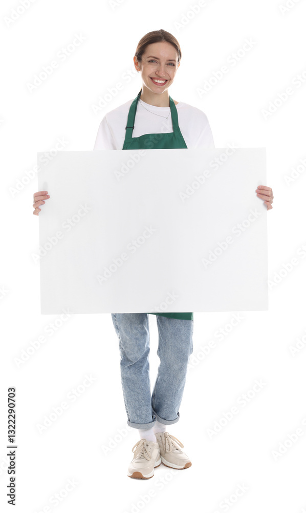 Smiling cleaning service worker with sheet of paper on white background. Space for text Smiling cleaning service worker with sheet of paper on white background. Space for text