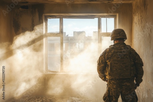 A powerful image of a soldier standing in a dilapidated room, with rays of light seeping through the broken windows, symbolizing resilience amidst chaos.