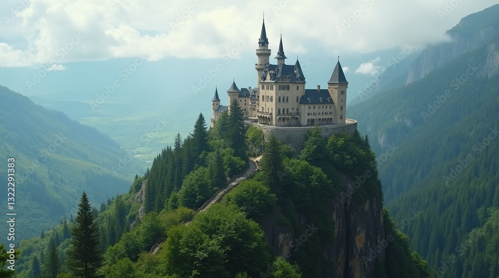 A breathtaking view of a grand castle perched atop a mountain, surrounded by lush greenery and rolling hills. A breathtaking view of a grand castle perched atop a mountain, surrounded by lush greenery and rolling hills.