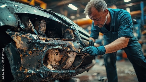 A close-up shot reveals the extent of the damage sustained by a dented and dented car, as a mechanic in a car service center meticulously examines the affected area, using tools and parts to restore