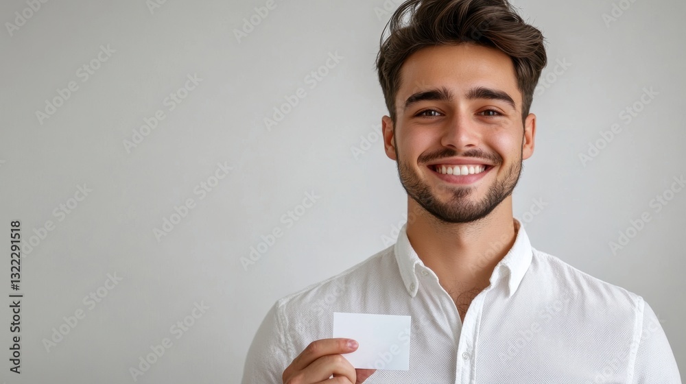 A young, smiling man, dressed in a smart casual outfit, holds a business card in his hand, exuding confidence and professionalism against a crisp white backdrop. A young, smiling man, dressed in a smart casual outfit, holds a business card in his hand, exuding confidence and professionalism against a crisp white backdrop.