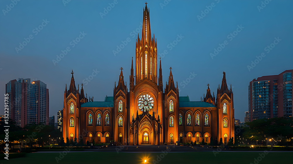 Obraz premium Gothic cathedral at dusk. Illuminated facade
