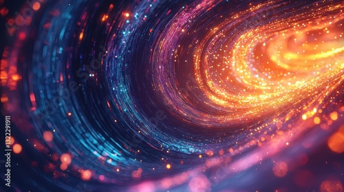 A vibrant swirl of colors creates a dynamic effect resembling a galaxy, filled with bright particles against a dark backdrop that captures the essence of cosmic energy photo