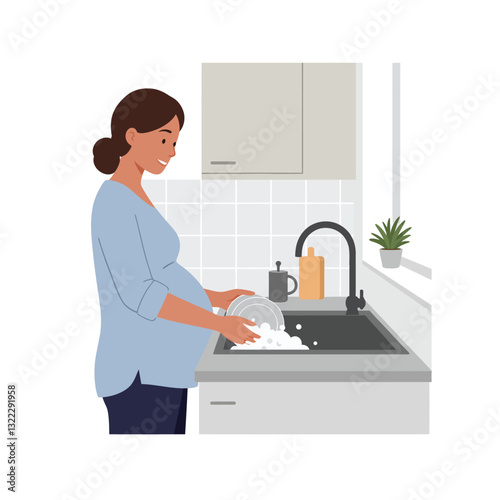 Woman washing dishes in a modern kitchen with flat design vector art