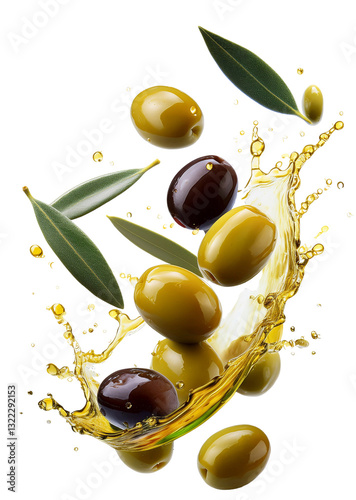 Green and black olives splashing with olive oil on transparent background photo