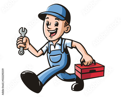 Cartoon mascot character of a Handyman running while carrying a wrench and toolbox