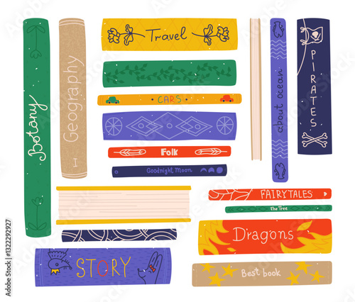 Book covers for education, development, learning and cognition, children home library isolated set