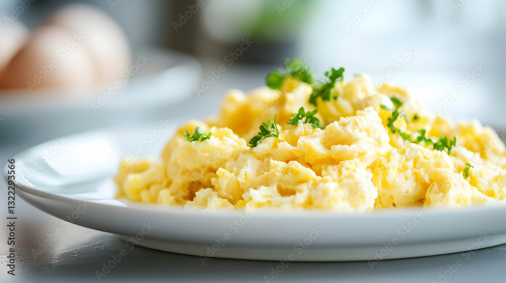 Fluffy scrambled eggs on a white plate symbolize simplicity and comfort in breakfast cuisine with a minimalistic bright tone and blurred empty caption space on the side Fluffy scrambled eggs on a white plate symbolize simplicity and comfort in breakfast cuisine with a minimalistic bright tone and blurred empty caption space on the side