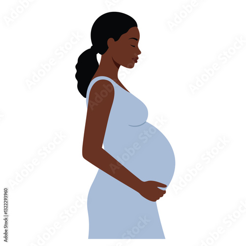 Pregnant woman in profile wearing a blue dress in minimal flat vector art