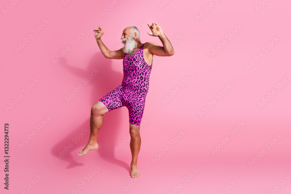 Photo of funny funky senior man wear trendy clothes clubbing isolated on pink color background Photo of funny funky senior man wear trendy clothes clubbing isolated on pink color background