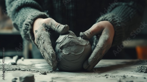 Clay-covered hands mold a shapeless creation with care and artistry, capturing the essence of creativity and craftsmanship in progress.
