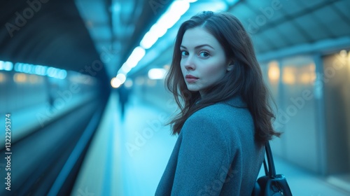 A lone woman waits on a modern subway platform, glancing back amid the cool blue lighting, creating a moment of quiet anticipation.