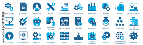 Engineering icon set in flat duotone solid icons web design. Pack pictograms with blueprint, engineer, tools, mechanical, worker, engine, manufacturing, machinery, process, other. Vector illustration.