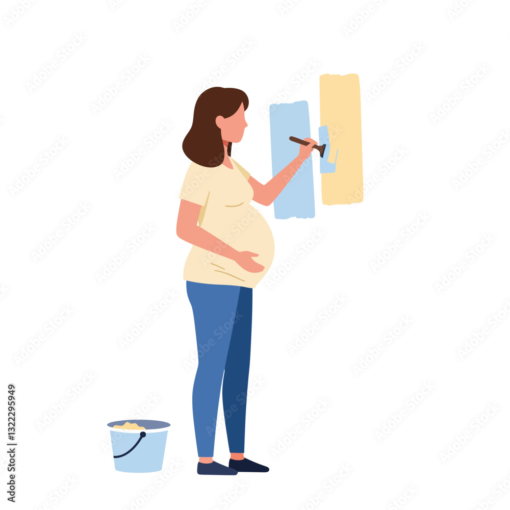 Pregnant woman painting a wall with color swatches in flat vector art Pregnant woman painting a wall with color swatches in flat vector art