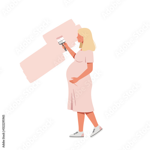 Pregnant woman painting wall in soft colors flat vector illustration