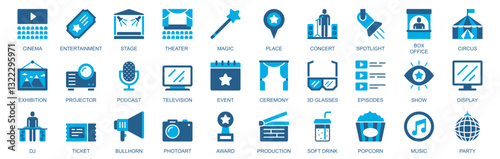 Show and entertainment icon set in flat duotone solid icons web design. Pack pictograms with cinema, theater, magic, place, concert, box office, circus, exhibition, event, other. Vector illustration.