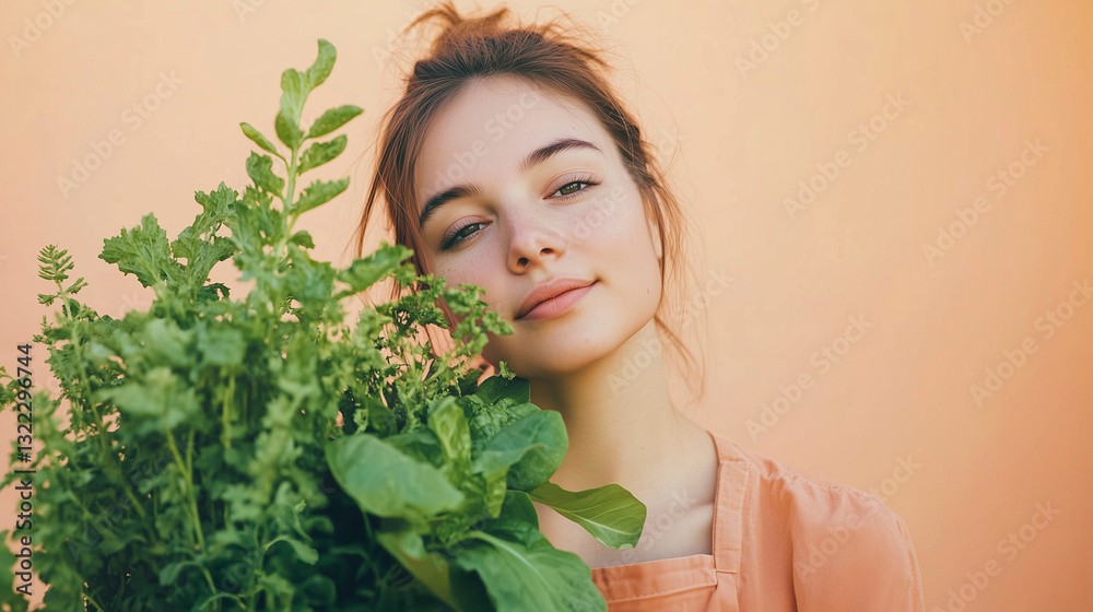 Young Woman Holding Fresh Greens Against a Warm Orange Background Young Woman Holding Fresh Greens Against a Warm Orange Background